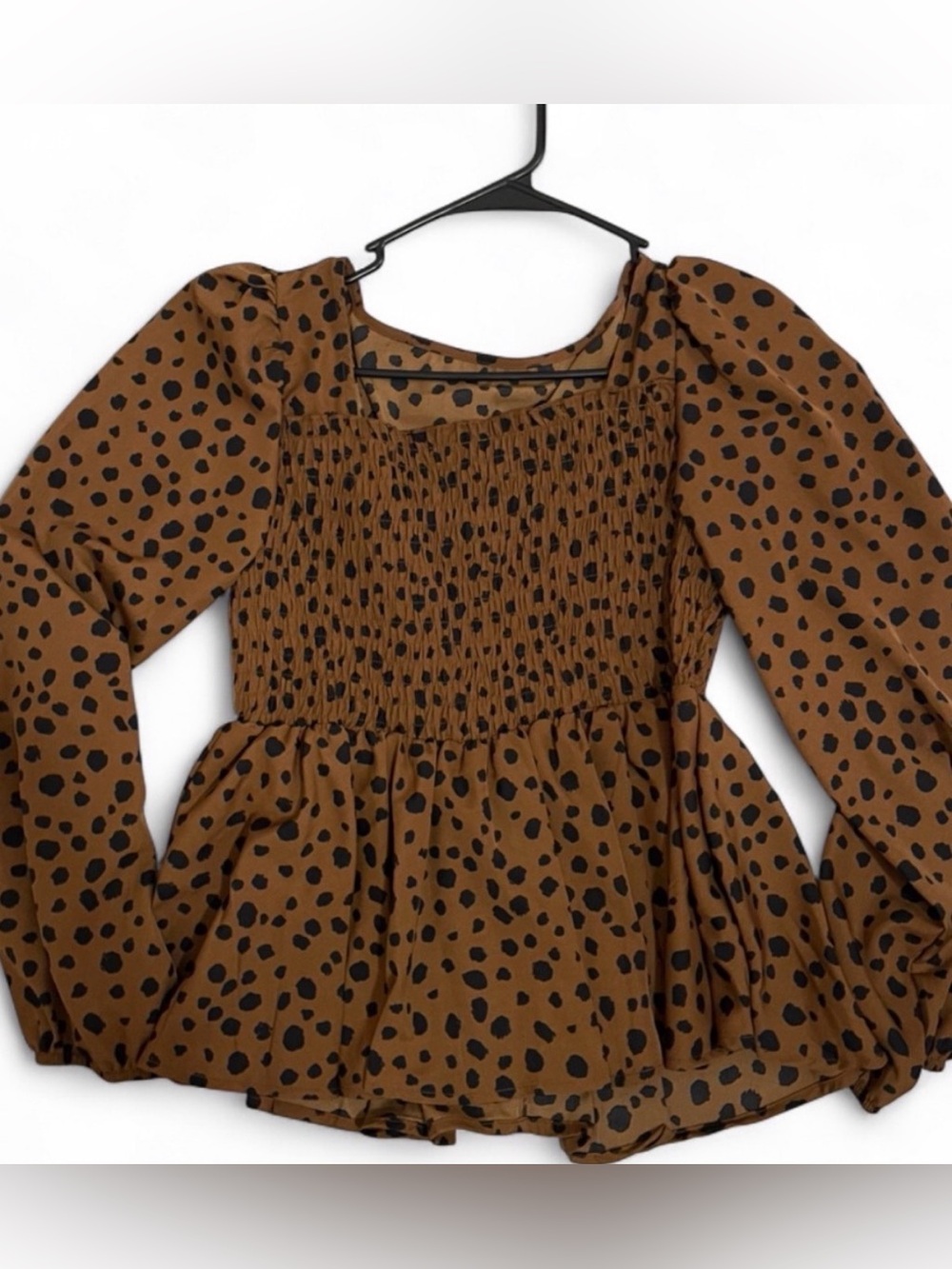 Brown Smocked Peplum Top with Black Spot Print